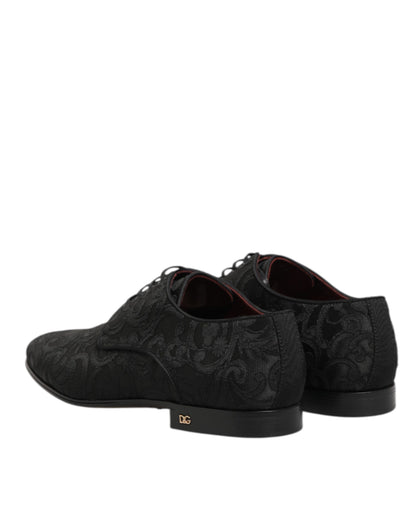 Dolce & Gabbana Men's Polyester Silk Viscose & Goat Leather Derby Lace-Up Shoes - Black Floral Signature