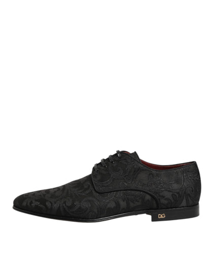 Dolce & Gabbana Men's Polyester Silk Viscose & Goat Leather Derby Lace-Up Shoes - Black Floral Signature
