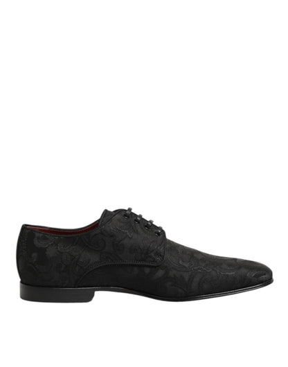 Dolce & Gabbana Men's Polyester Silk Viscose & Goat Leather Derby Lace-Up Shoes - Black Floral Signature