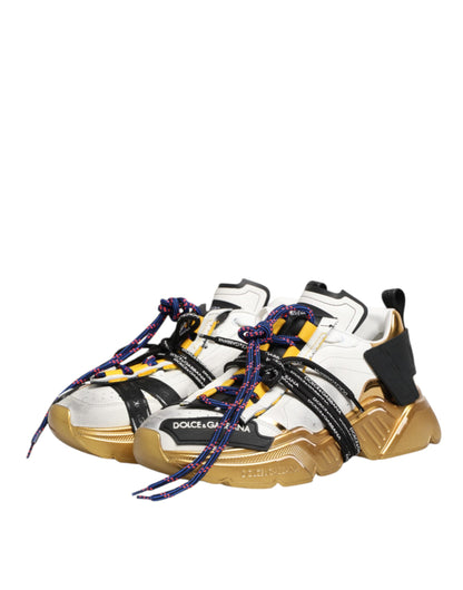 Dolce & Gabbana Men's Low Top Chunky Polyester Polyurethane Calf & Goat Leather Sneakers - Gold Multicolor White Signature