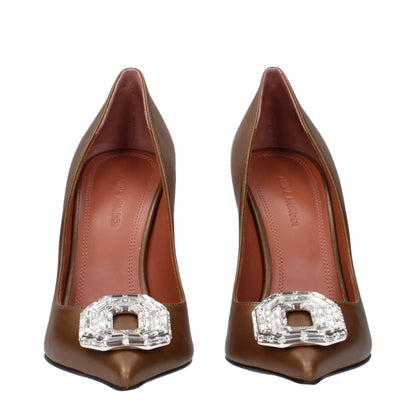 Amina Muaddi Brown Leather High Heel Pumps