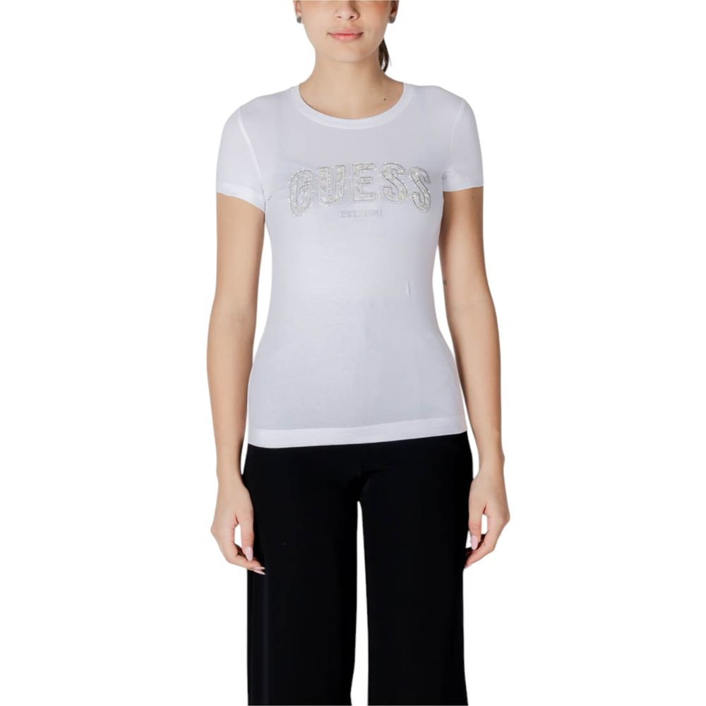 T-Shirt by Guess for women in stretch cotton white showcases a fashionable silhouette, elegantly detailed with a fashionable and for a sophisticated, high-fashion look.