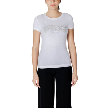 T-Shirt by Guess for women in stretch cotton white showcases a fashionable silhouette, elegantly detailed with a fashionable and for a sophisticated, high-fashion look.