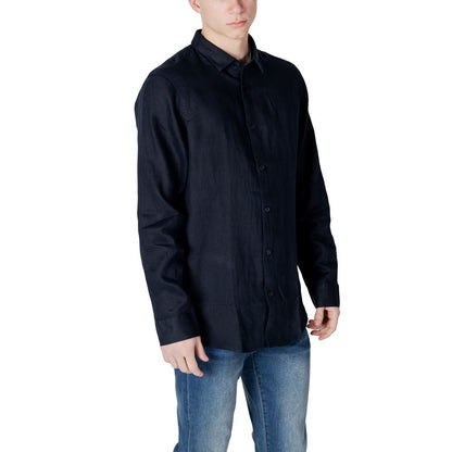 Shirt by Armani Exchange for men in linen blue showcases a sleek silhouette, elegantly detailed with a sleek and for a sleek finish.