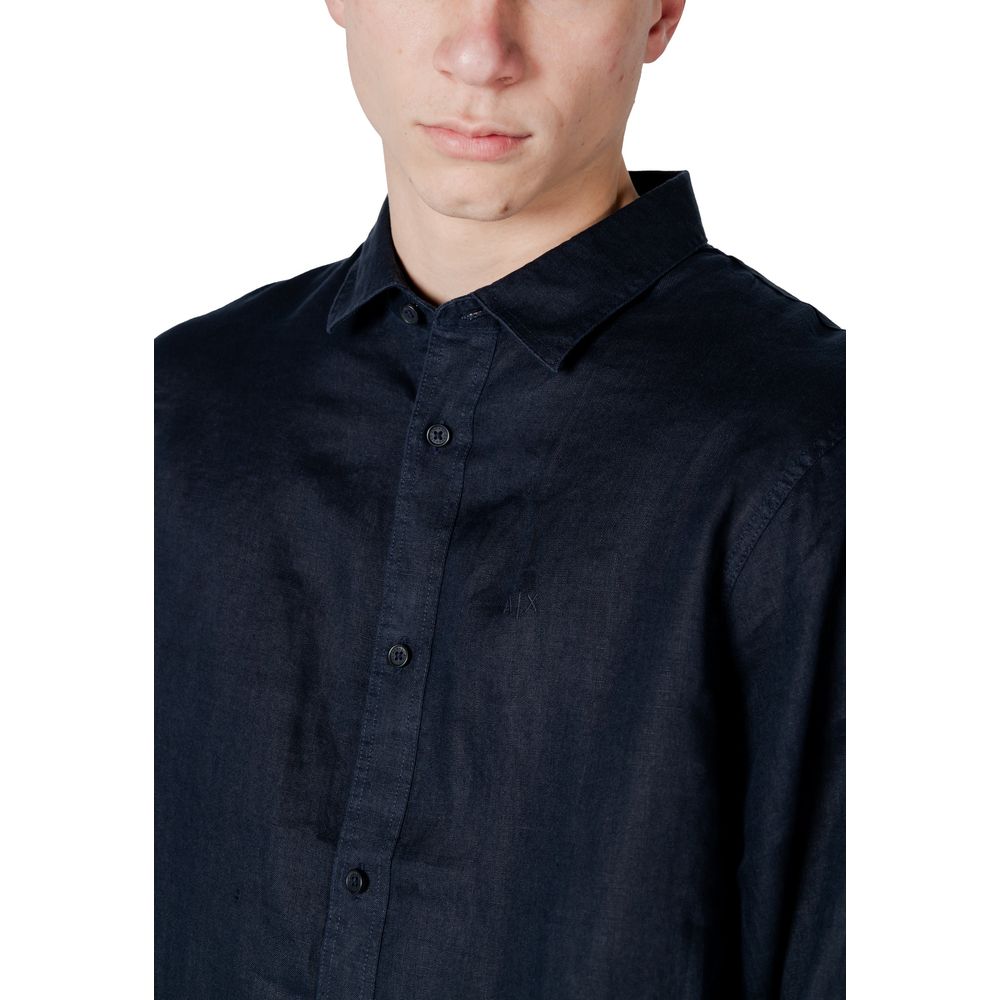 Shirt by Armani Exchange for men in linen blue features an architectural silhouette with a refined and elegant for a architectural look.