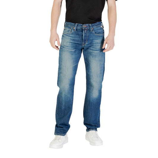 Jeans by Replay for men in denim cotton blue features a polished silhouette with a polished relaxed-fit & regular-fit, reaching a polished and finished with a polished .