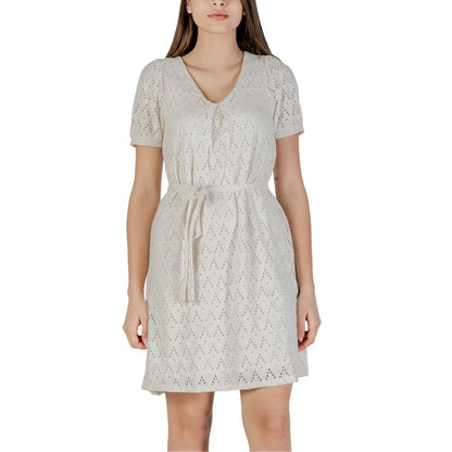 Dress by Vila Clothes for women in stretch polyester cotton beige features an eye catching silhouette with a sophisticated v-neck neckline, elegant short-sleeve, and a refined short for a eye catching aesthetic.