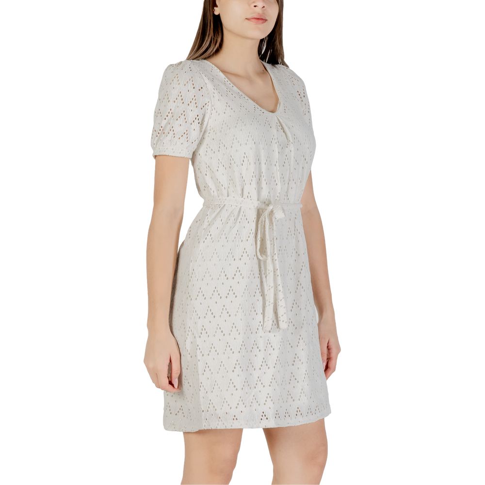 Dress by Vila Clothes for women in stretch polyester cotton beige presents a sinuous silhouette, showcasing a sophisticated v-neck neckline and detailed with a sinuous short for a refined finish.