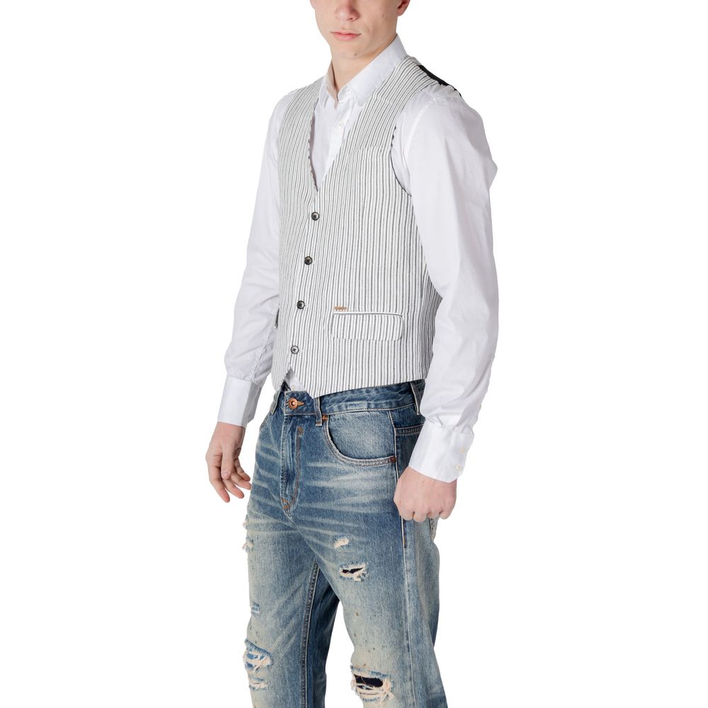 Vest by Gianni Lupo for men in linen & cotton black showcases a dynamic silhouette, perfectly balancing with a dynamic for a sophisticated, high-fashion look.