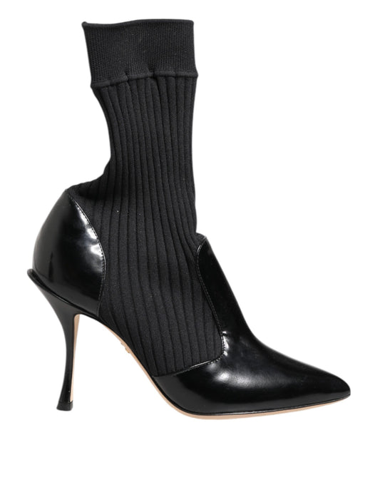 Dolce & Gabbana Women's Nylon Goat & Calf Leather High-Heel Stiletto Sock Ankle Short Boots - Black Signature