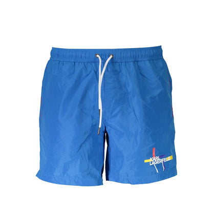 Swimwear by Karl Lagerfeld for men in polyester blue & print showcases a contemporary silhouette, artfully capturing the contemporary essence of the Men's Polyester Swimwear design for a sophisticated resort look.