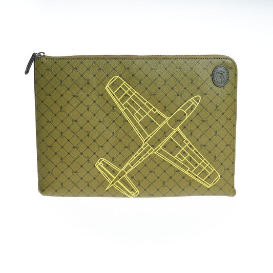 Clutch Handbag by Trussardi for men in leather green features a sculptural silhouette with a secure zipper, organized built-in-compartments, and versatile for a sculptural finish.