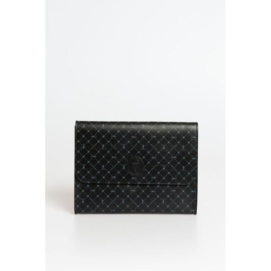 Clutch Handbag by Trussardi for men in polyester black features a statuesque silhouette, showcasing a secure magnetic & button and organized built-in-compartments with versatile for statuesque evening wear.