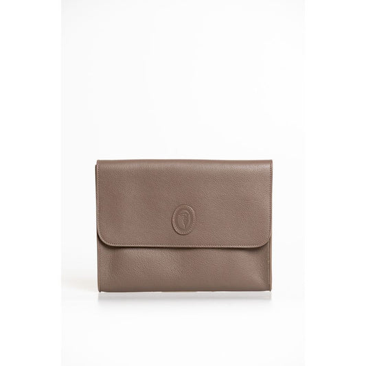Clutch Handbag by Trussardi for men in polyester brown showcases a sculptural silhouette, featuring a secure magnetic & button, ample built-in-compartments, and versatile for a sculptural aesthetic.