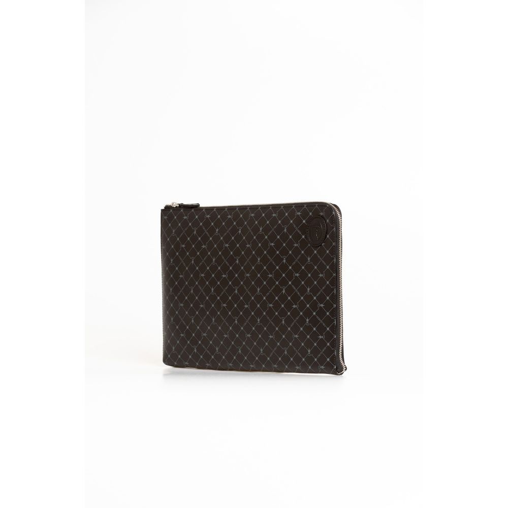 Clutch Handbag by Trussardi for men in leather black features a statuesque silhouette, showcasing a secure zipper and organized built-in-compartments with versatile for statuesque evening wear.