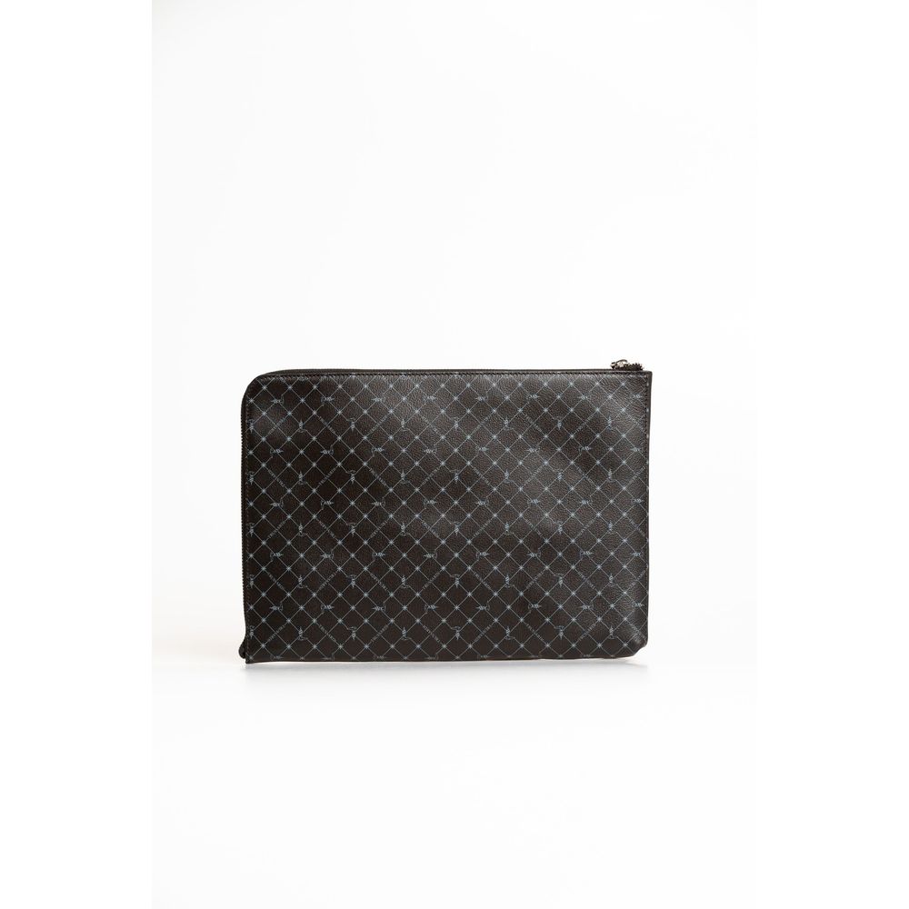 Clutch Handbag by Trussardi for men in leather black showcases a sculptural silhouette, featuring a secure zipper, ample built-in-compartments, and versatile for a sculptural aesthetic.