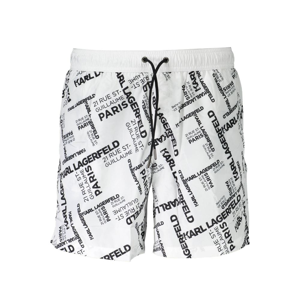 Swim Shorts by Karl Lagerfeld for men in polyester and white showcases a sinuous silhouette, expertly cut for a sinuous fit as part of the Men's Polyester Swim Shorts collection.