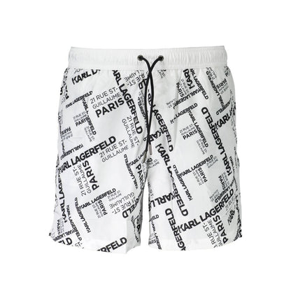 Swim Shorts by Karl Lagerfeld for men in polyester and white showcases a sinuous silhouette, expertly cut for a sinuous fit as part of the Men's Polyester Swim Shorts collection.
