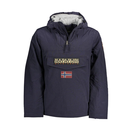 Hooded Windbreaker Jacket by Napapijri for men in polyamide felt blue showcases a modern silhouette, integrating pockets, hooded & windproof and a modern hooded neckline for a sophisticated finish.