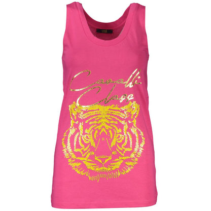 Tank Top by Cavalli Class for women in cotton pink & print showcases a streamlined Women's Wide Round Neck Cotton Tank Top design with a streamlined sleeveless and round neckline.
