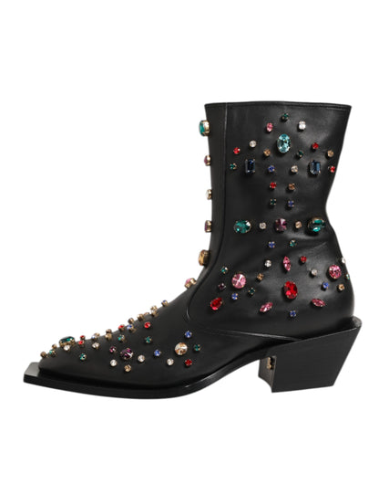 Dolce & Gabbana Men's Silk Viscose Calf & Goat Leather Ankle Short Boots - Black Multicolor