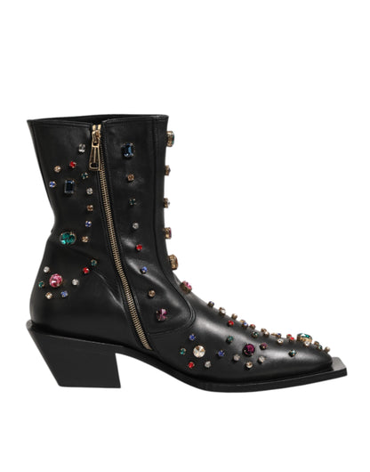 Dolce & Gabbana Men's Silk Viscose Calf & Goat Leather Ankle Short Boots - Black Multicolor