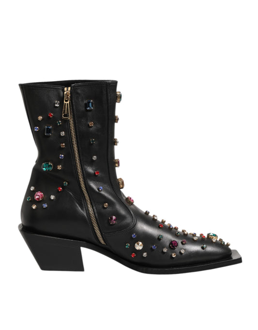 Dolce & Gabbana Men's Silk Viscose Calf & Goat Leather Ankle Short Boots - Black Multicolor