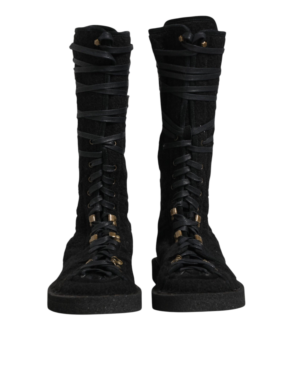 Dolce & Gabbana Men's Polyamide Calf & Goat Leather Alpaca Wool Flat Lace-Up Mid-Calf Boots - Black