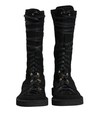 Dolce & Gabbana Men's Polyamide Calf & Goat Leather Alpaca Wool Flat Lace-Up Mid-Calf Boots - Black