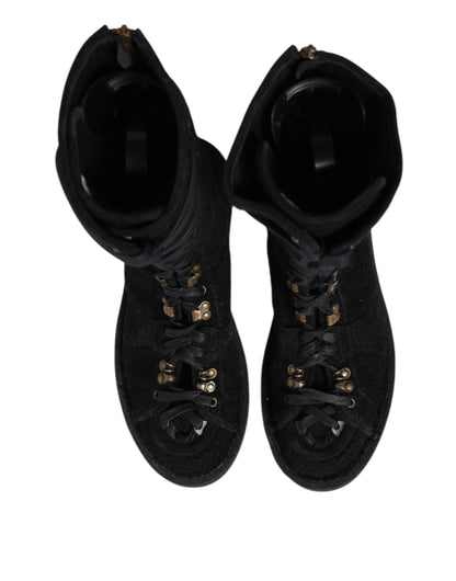 Dolce & Gabbana Men's Polyamide Calf & Goat Leather Alpaca Wool Flat Lace-Up Mid-Calf Boots - Black