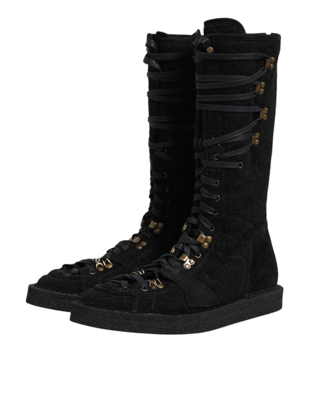 Dolce & Gabbana Men's Polyamide Calf & Goat Leather Alpaca Wool Flat Lace-Up Mid-Calf Boots - Black