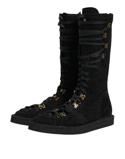 Dolce & Gabbana Men's Polyamide Calf & Goat Leather Alpaca Wool Flat Lace-Up Mid-Calf Boots - Black