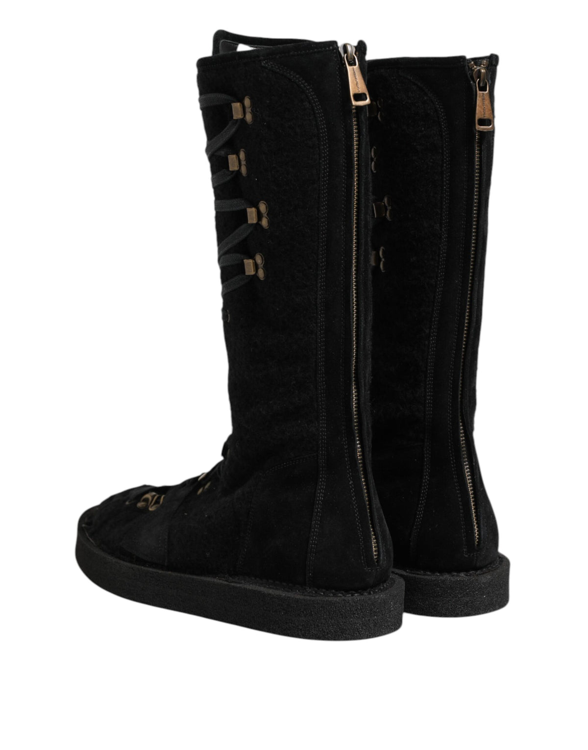 Dolce & Gabbana Men's Polyamide Calf & Goat Leather Alpaca Wool Flat Lace-Up Mid-Calf Boots - Black