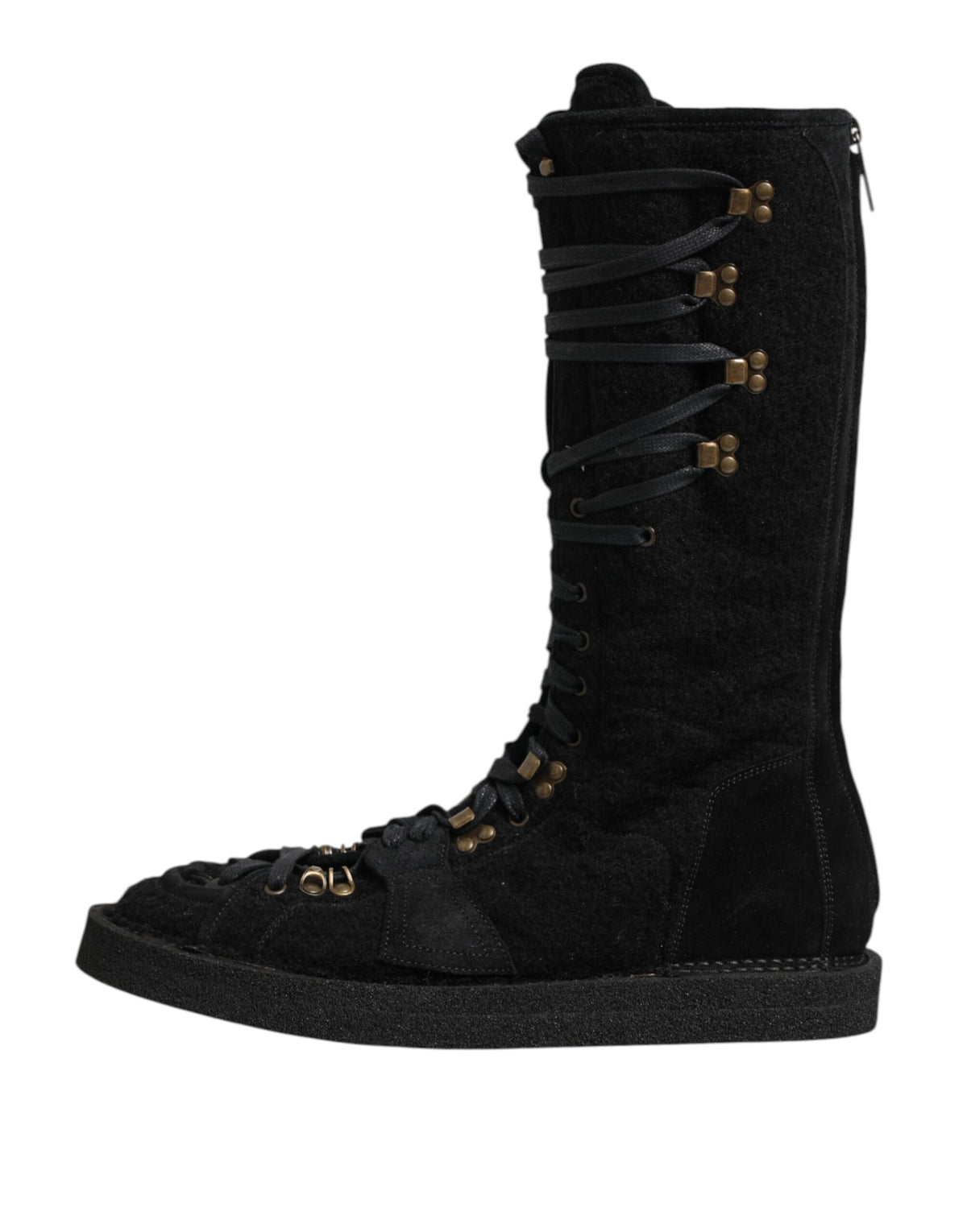 Dolce & Gabbana Men's Polyamide Calf & Goat Leather Alpaca Wool Flat Lace-Up Mid-Calf Boots - Black