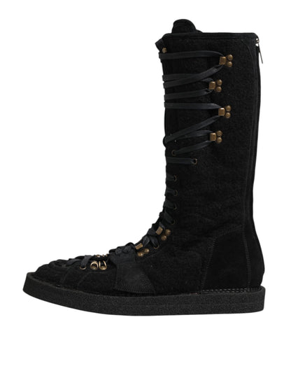 Dolce & Gabbana Men's Polyamide Calf & Goat Leather Alpaca Wool Flat Lace-Up Mid-Calf Boots - Black