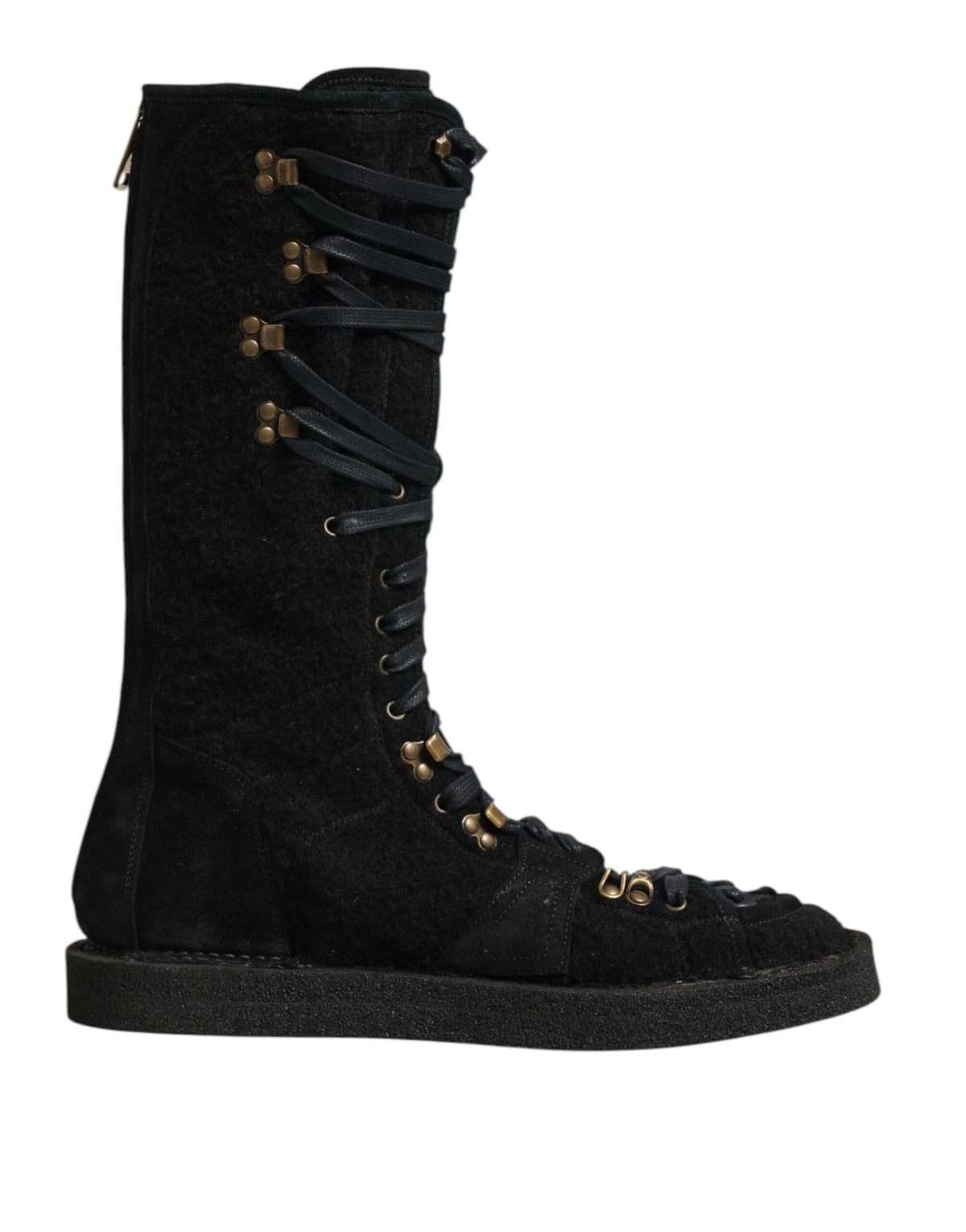 Dolce & Gabbana Men's Polyamide Calf & Goat Leather Alpaca Wool Flat Lace-Up Mid-Calf Boots - Black
