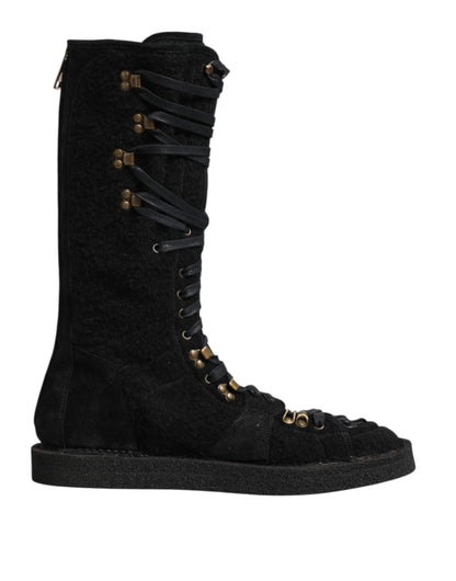 Dolce & Gabbana Men's Polyamide Calf & Goat Leather Alpaca Wool Flat Lace-Up Mid-Calf Boots - Black