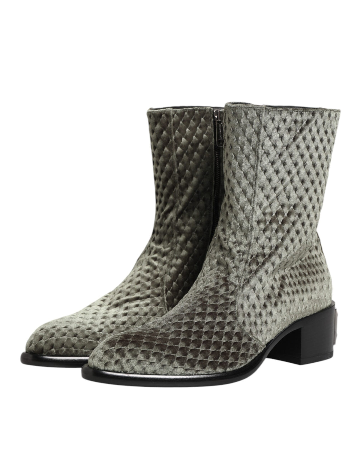 Dolce & Gabbana Men's Velvet Silk Cotton & Calf Leather Ankle Mid-Calf Short Boots - Gray