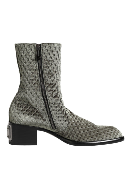 Dolce & Gabbana Men's Velvet Silk Cotton & Calf Leather Ankle Mid-Calf Short Boots - Gray