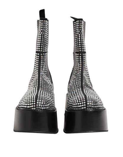 Dolce & Gabbana Men's Calf & Goat Leather Silk Crystal Ankle Chelsea Mid-Calf Short Boots - Black