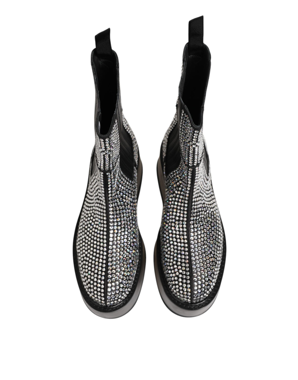 Dolce & Gabbana Men's Calf & Goat Leather Silk Crystal Ankle Chelsea Mid-Calf Short Boots - Black