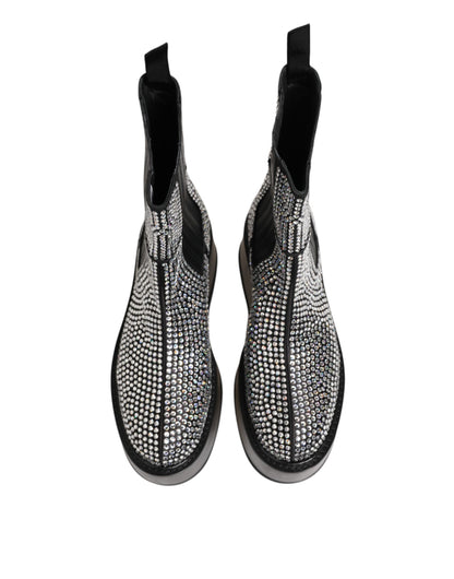 Dolce & Gabbana Men's Calf & Goat Leather Silk Crystal Ankle Chelsea Mid-Calf Short Boots - Black