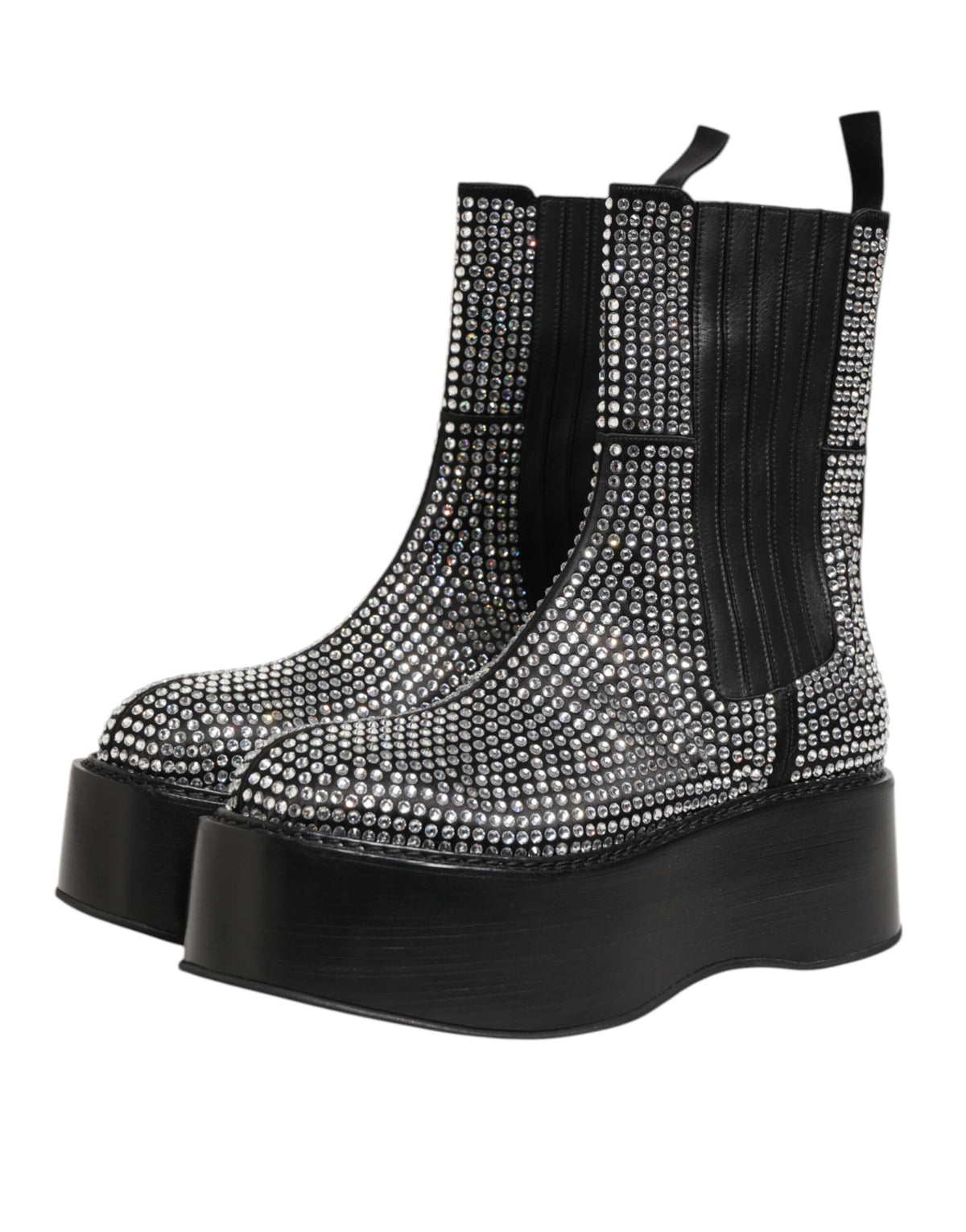 Dolce & Gabbana Men's Calf & Goat Leather Silk Crystal Ankle Chelsea Mid-Calf Short Boots - Black