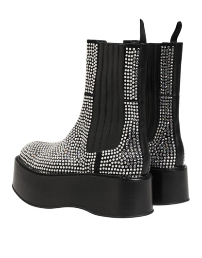 Dolce & Gabbana Men's Calf & Goat Leather Silk Crystal Ankle Chelsea Mid-Calf Short Boots - Black