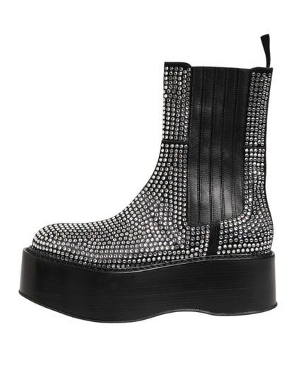 Dolce & Gabbana Men's Calf & Goat Leather Silk Crystal Ankle Chelsea Mid-Calf Short Boots - Black