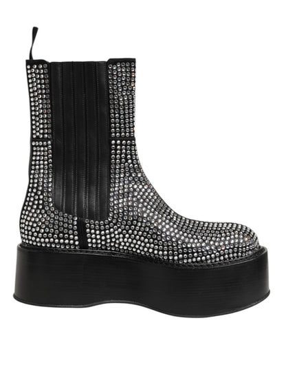 Dolce & Gabbana Men's Calf & Goat Leather Silk Crystal Ankle Chelsea Mid-Calf Short Boots - Black