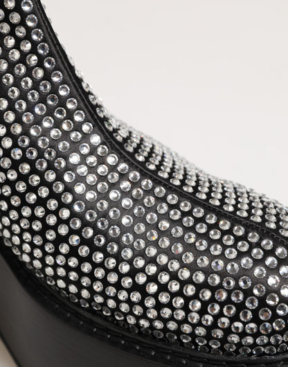 Dolce & Gabbana Men's Calf & Goat Leather Silk Crystal Ankle Chelsea Mid-Calf Short Boots - Black