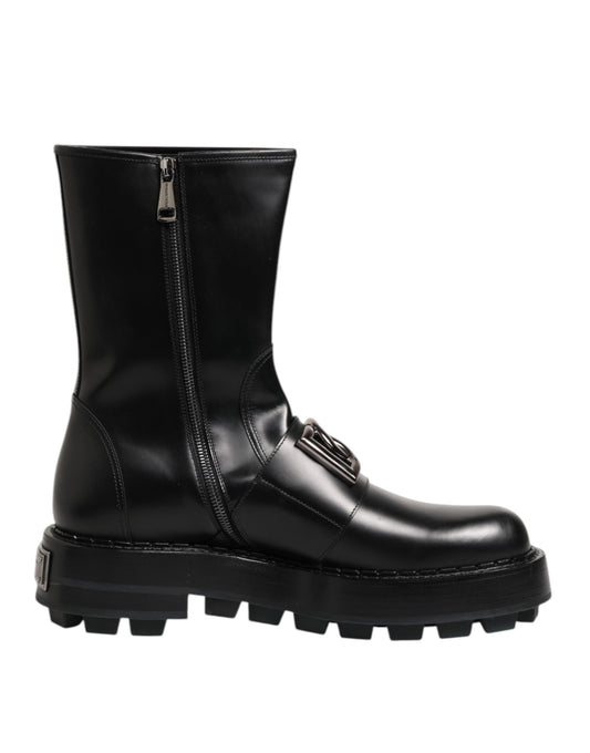 Dolce & Gabbana Men's Calf Leather Viscose & Silk Flat Biker Mid-Calf Boots - Black