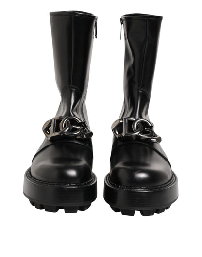 Dolce & Gabbana Men's Calf Leather Viscose & Silk Flat Biker Mid-Calf Boots - Black