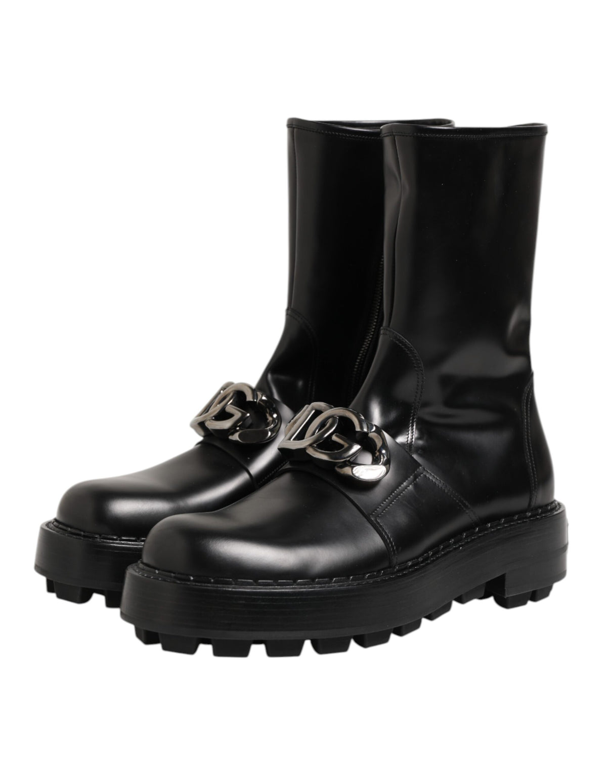Dolce & Gabbana Men's Calf Leather Viscose & Silk Flat Biker Mid-Calf Boots - Black